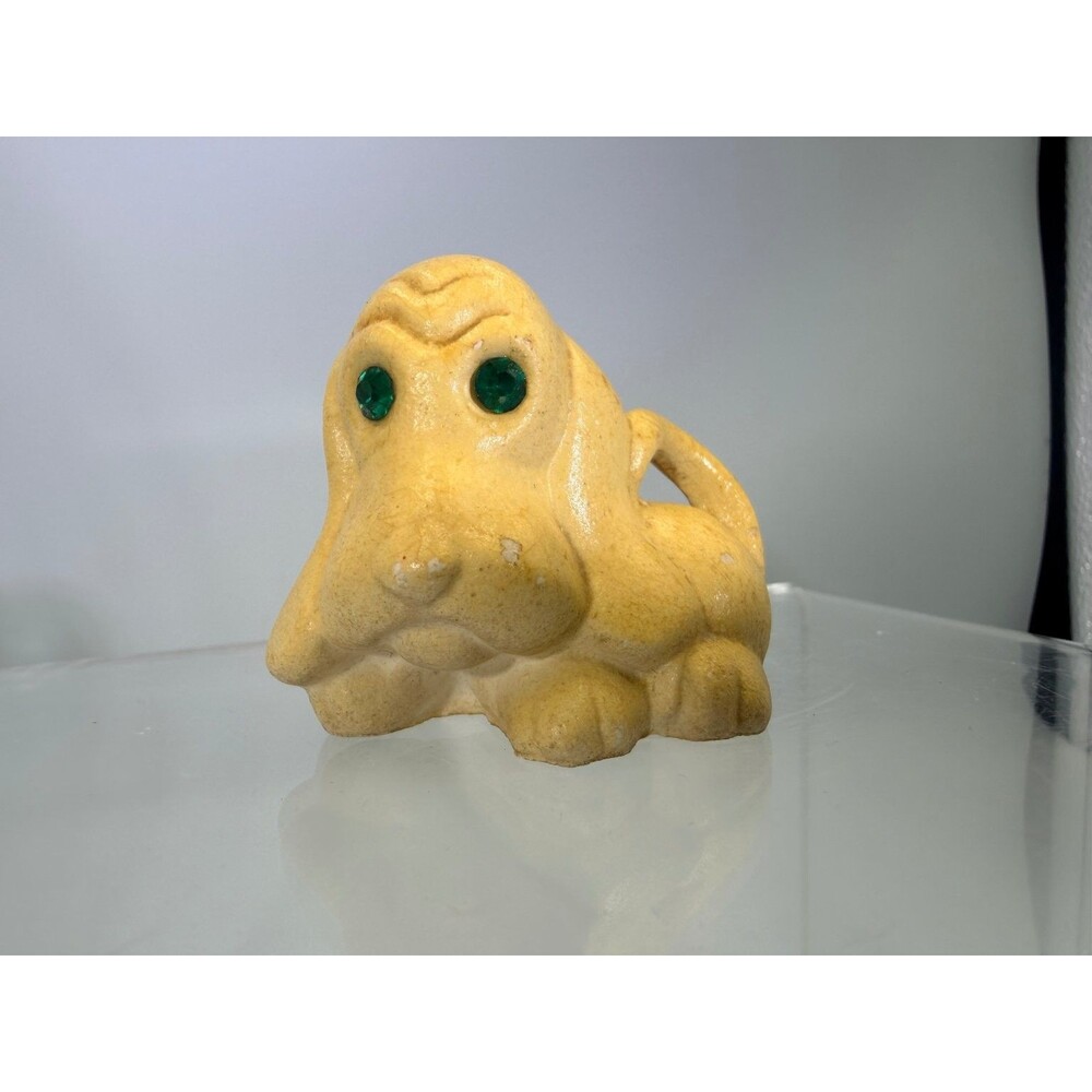 Vintage Chalkware Basset Hound Dog Figurine Rhinestone Green Eyes USA